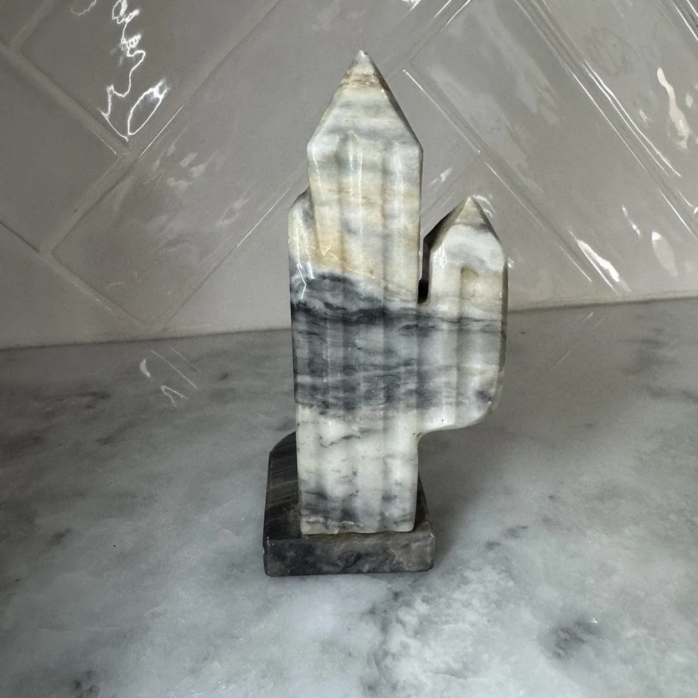 Vintage Marble Stone Obelisk Bookend Gray White Natural Stone Decor 7.5